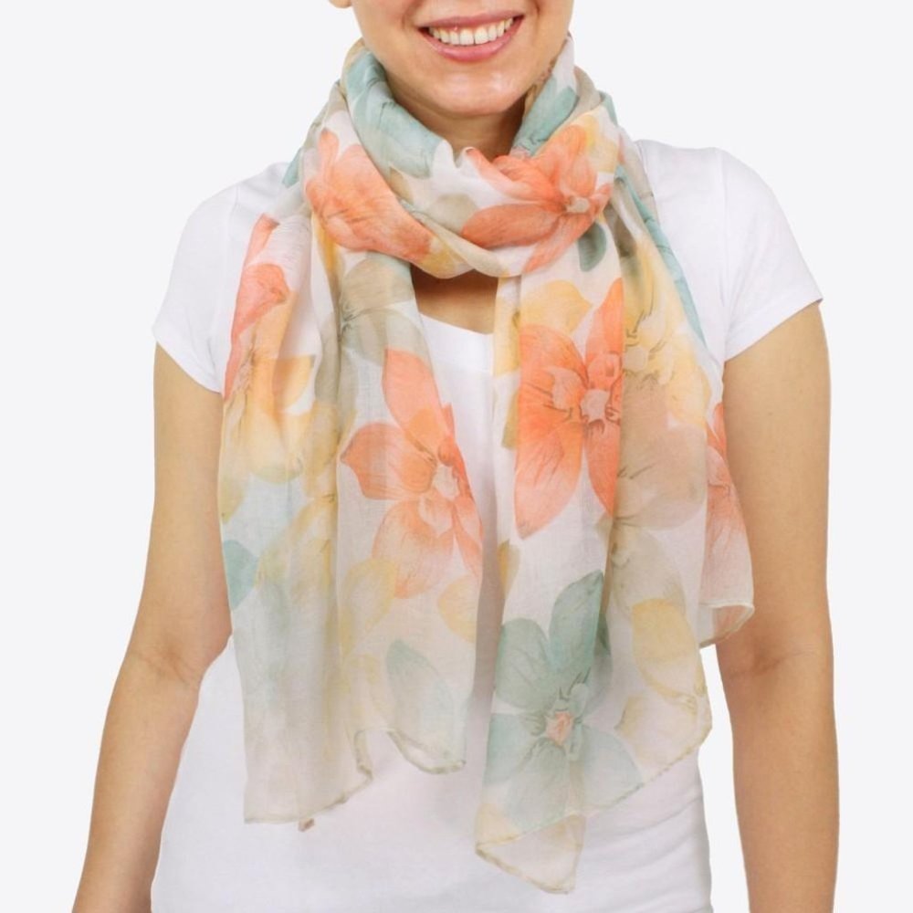 Spring Fashion Scarf - Muted Peach. Green & Yellow